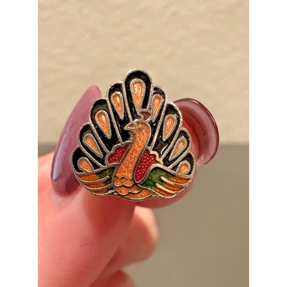 Vintage Cloisonné Peacock Bird Stud Earrings, 1/2 Inch, Used - Picture 2 of 6